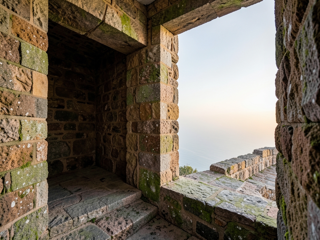 Perpendicular stone corridors enclosed empty chamber along axis