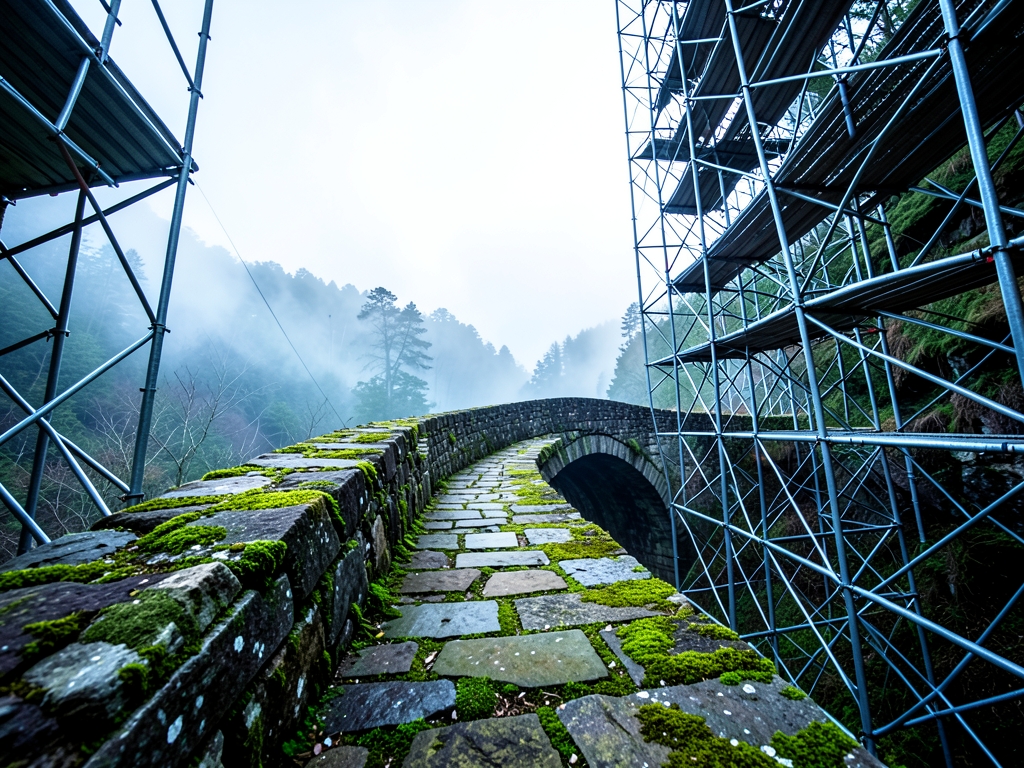 Line winding stone bridge over misty valley under