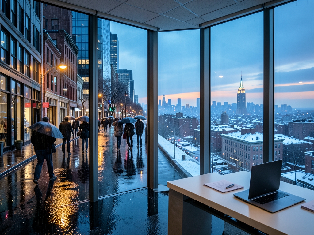 Rain soaked Manhattan street dusk with asphalt reflecting amber