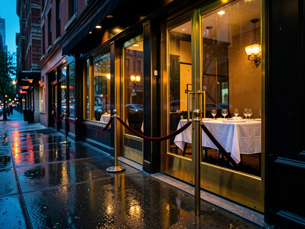 Rain slicked Manhattan sidewalk outside upscale restaurant dusk brass