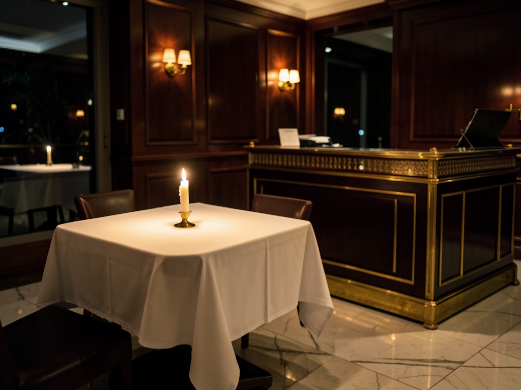 Elegant restaurant interior night candlelit white tablecloth table