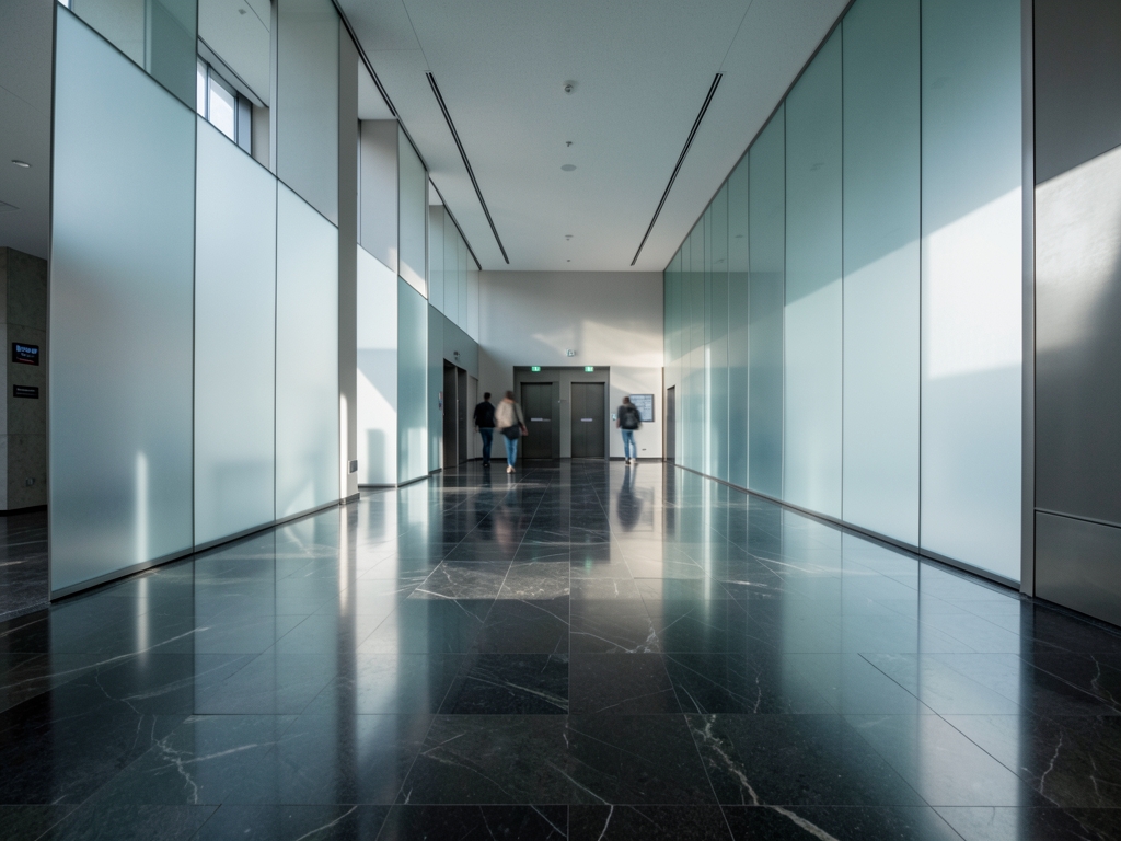 Vast empty modern office lobby with polished dark