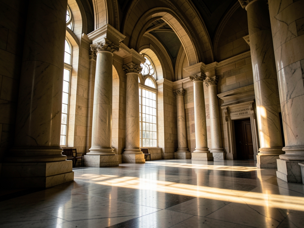 Grand stone courthouse interior with soaring marble columns