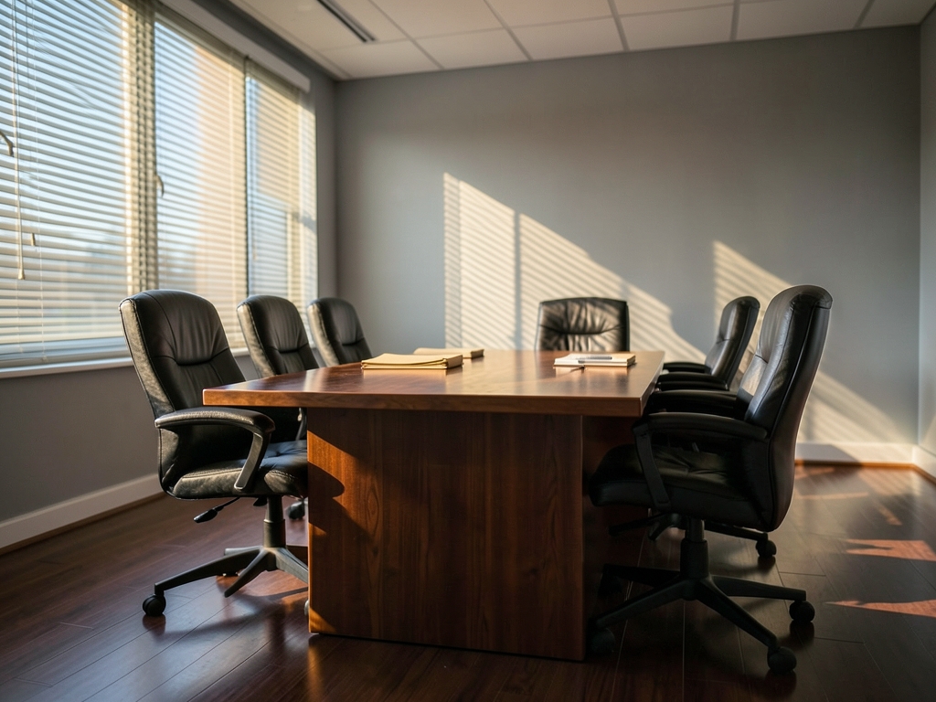 Sunlit empty conference room with table unmarked folders