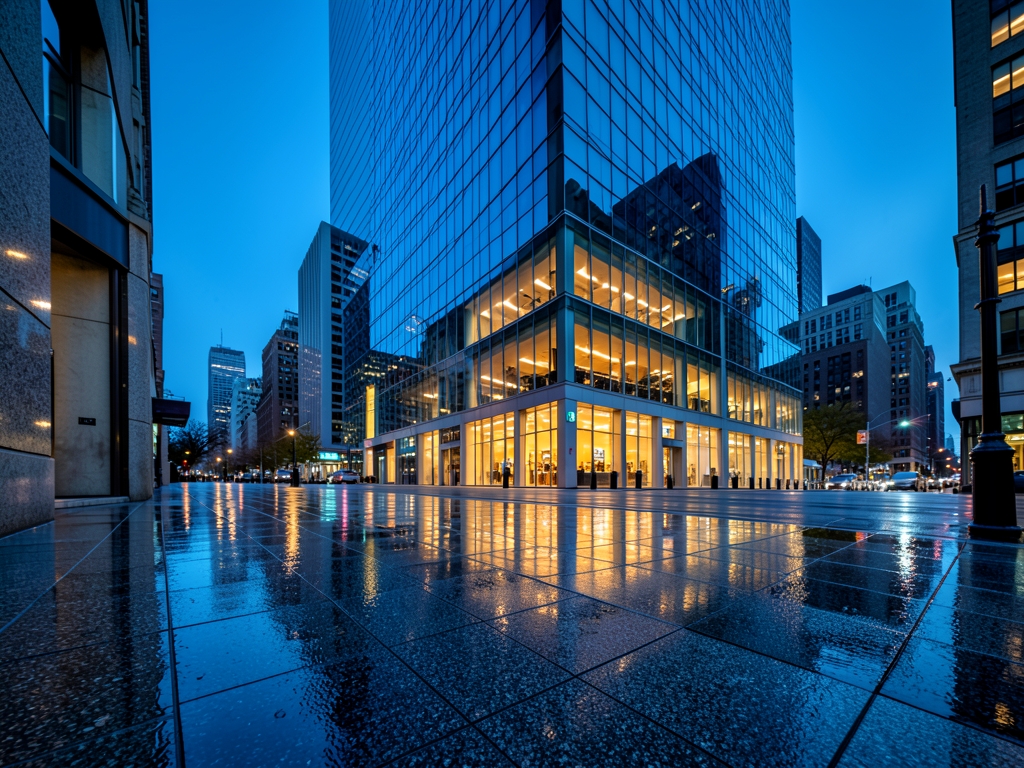 Rain glazed Manhattan sidewalk before glass and steel office tower blue