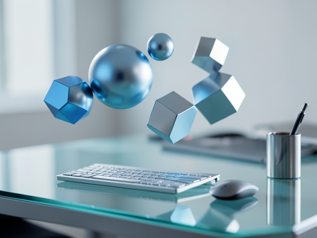 Abstract data visualization floating geometric shapes cool blue