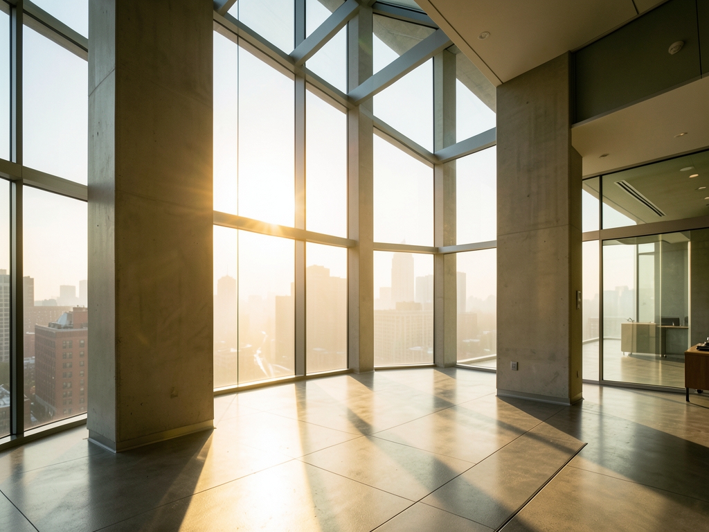 Sun drenched glass atrium modern Manhattan office tower with
