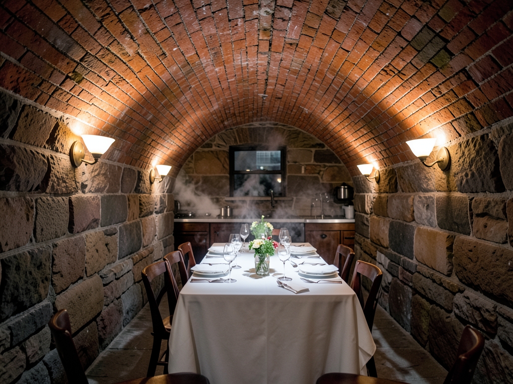 intimate stone walled cellar dining salon beneath historic Tribeca