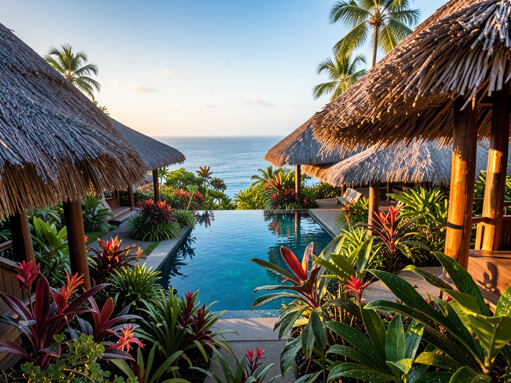 Golden hour sunlight washes over lush tropical gardens