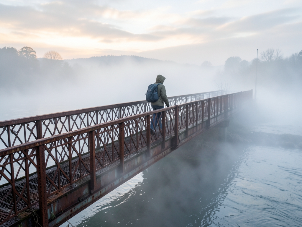 weathered iron footbridge over misty river dawn half