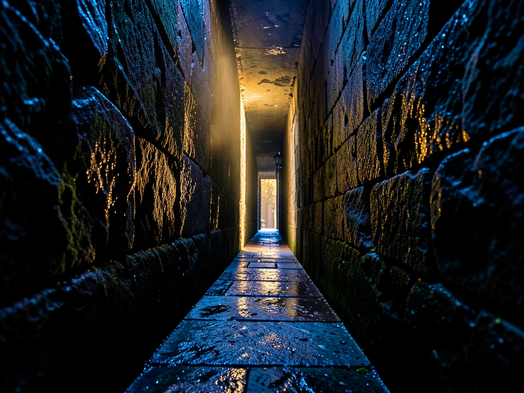 narrow limestone corridor single shaft late afternoon sun walls