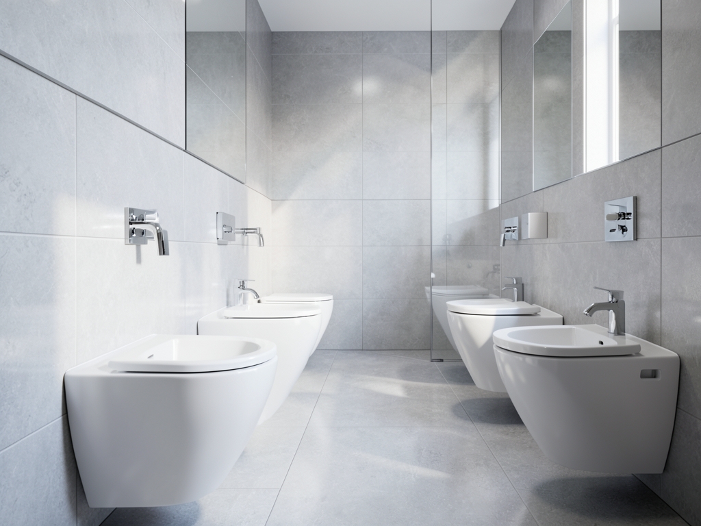 Modern office washroom with white ceramic toilets light