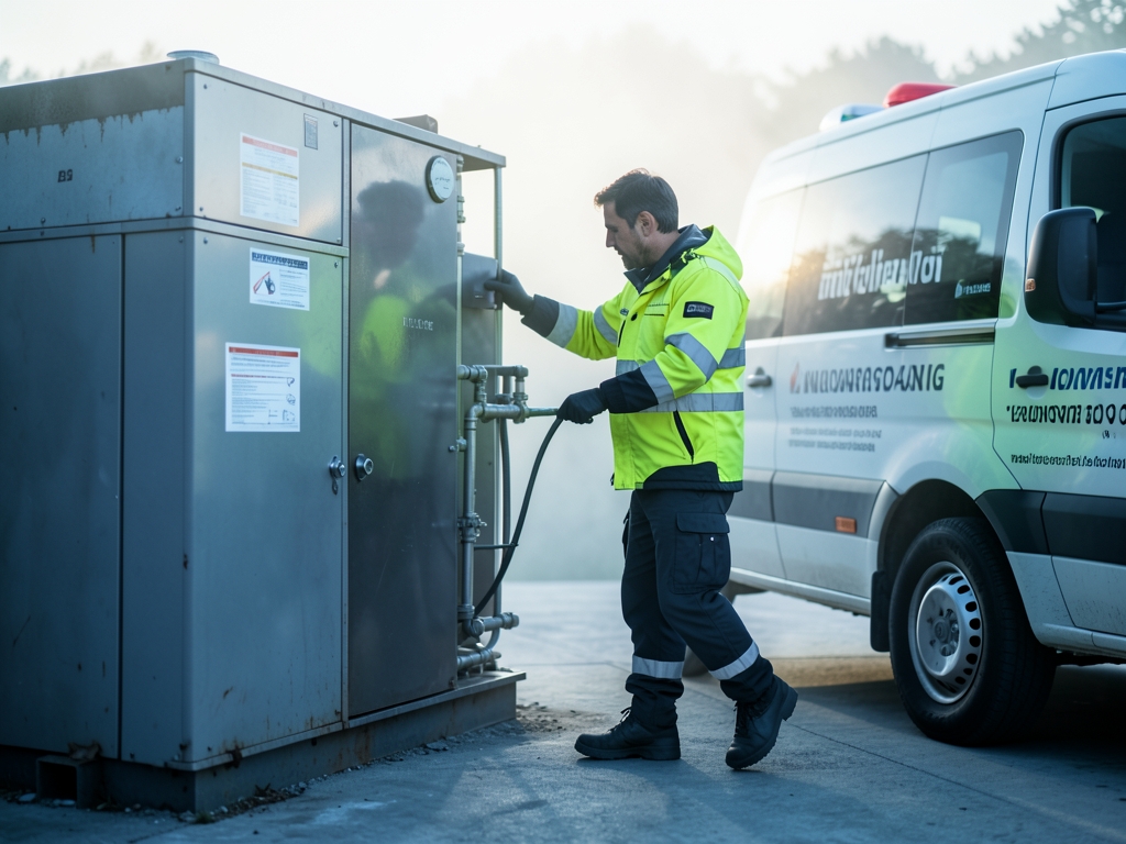 field technician high vis jacket photographs industrial HVAC unit