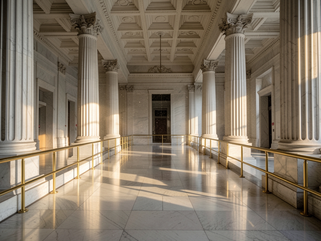 Vast empty marble banking hall with towering columns