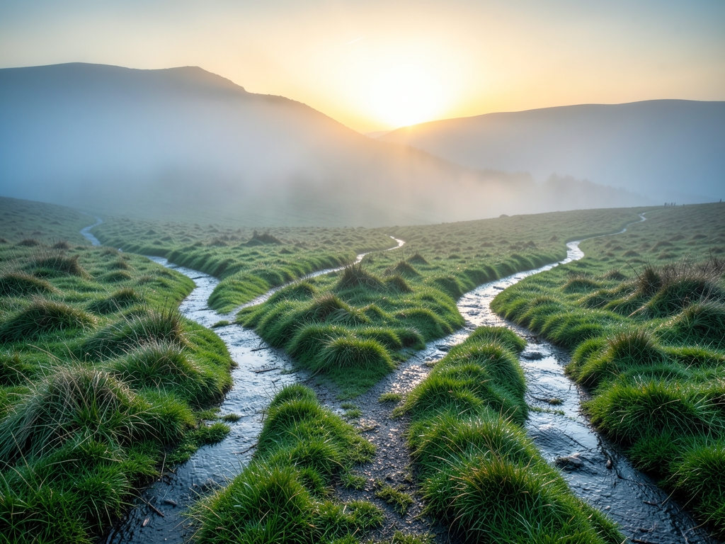 Four narrow footpaths diverging across misty highland moor