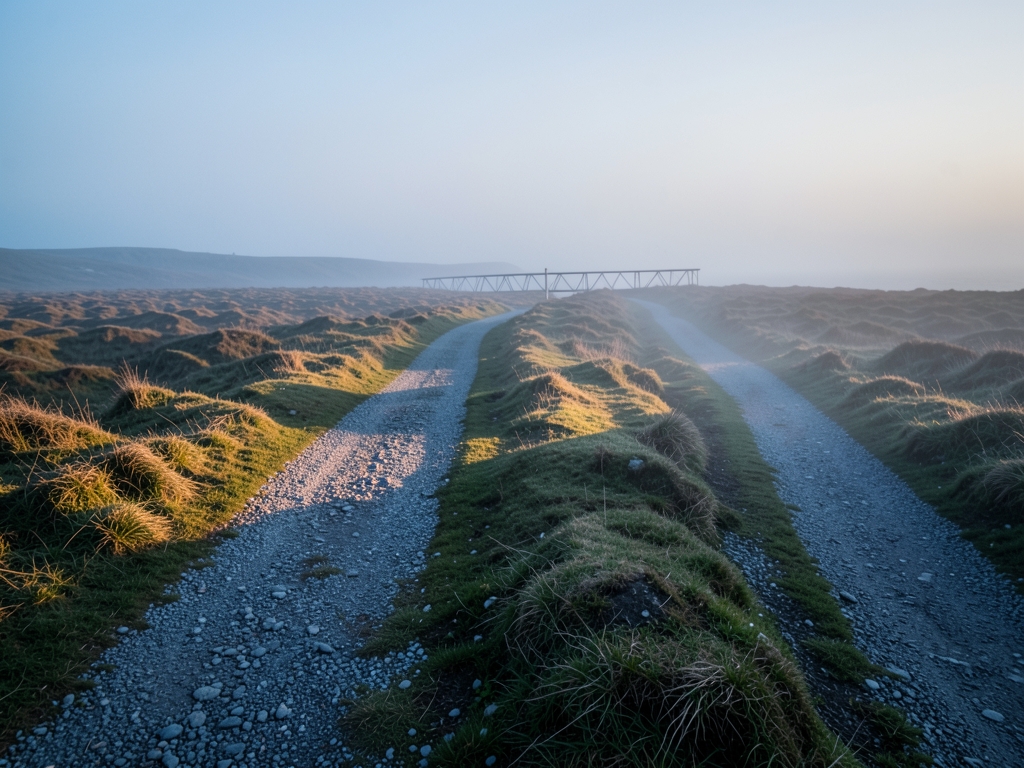 Three gravel footpaths diverge across windswept coastal moor