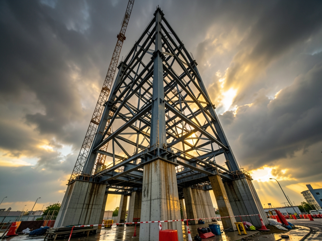 towering steel moment frame structure rising against dramatic