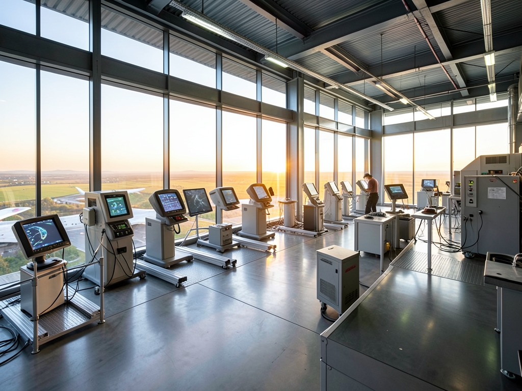 Modern simulator workshop opening toward bright horizon steel