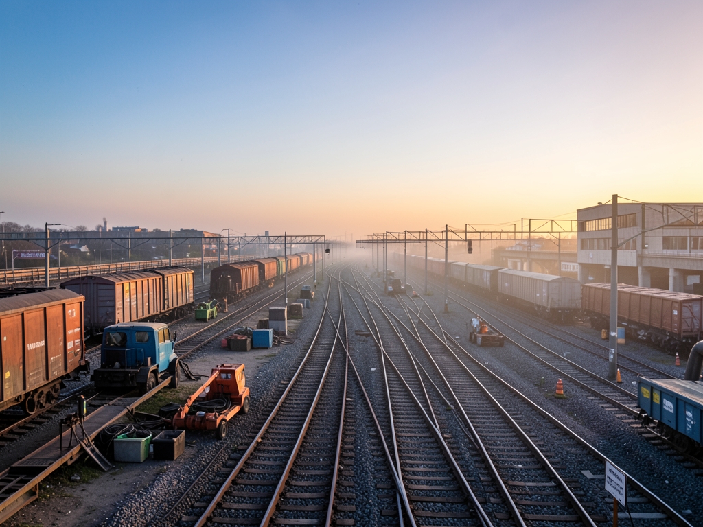 sprawling industrial dispatch yard dawn with heavy