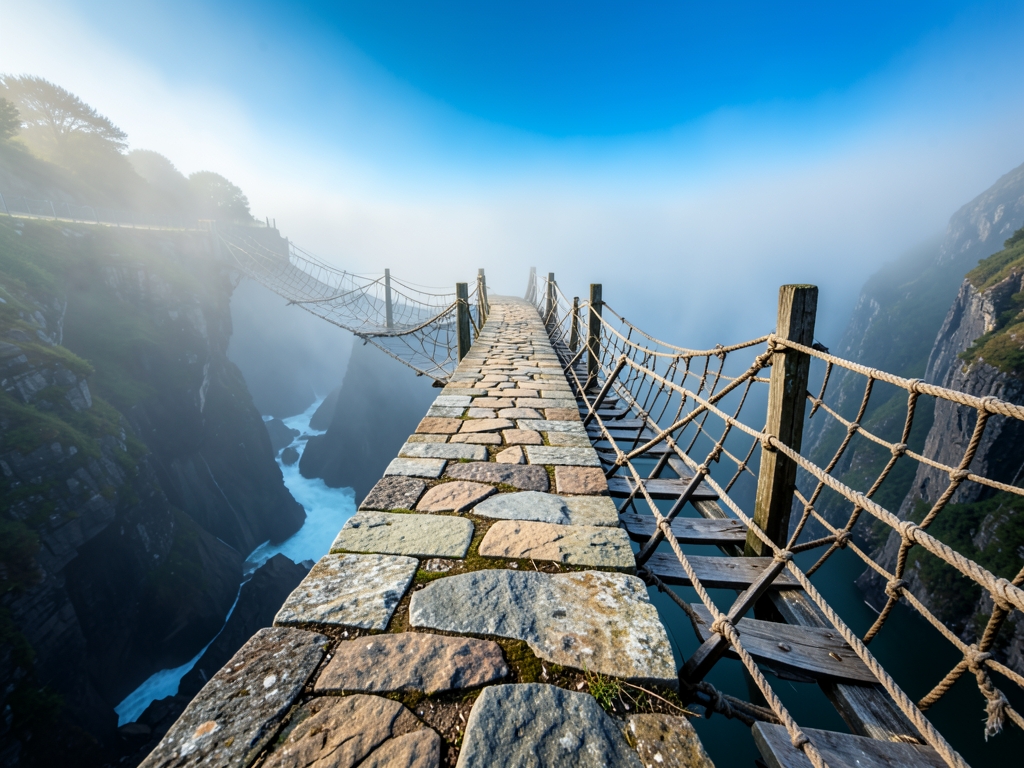 solitary stone causeway crossing misty lake abruptly splitting