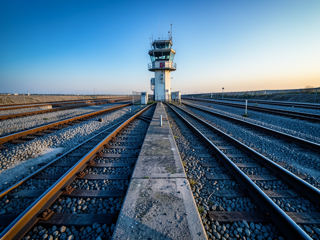vast orderly railway switchyard dawn where countless steel