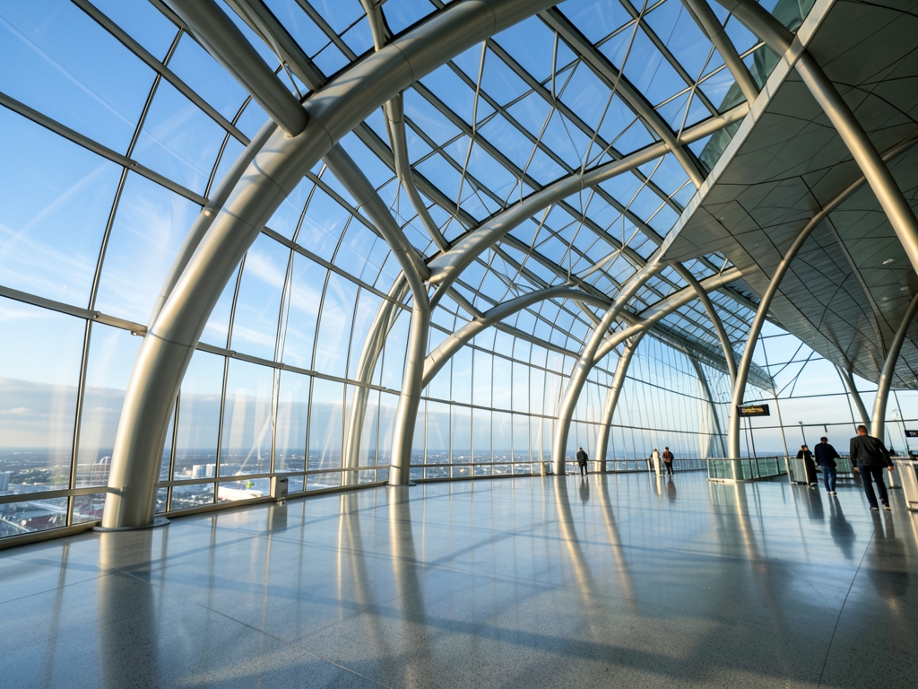 Vast glass atrium modern terminal bathed crisp morning