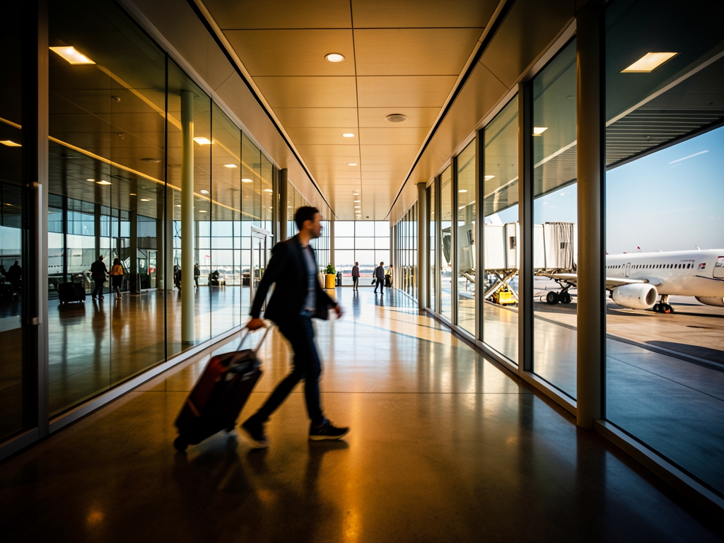 Wide shot sleek terminal corridor with polished concrete