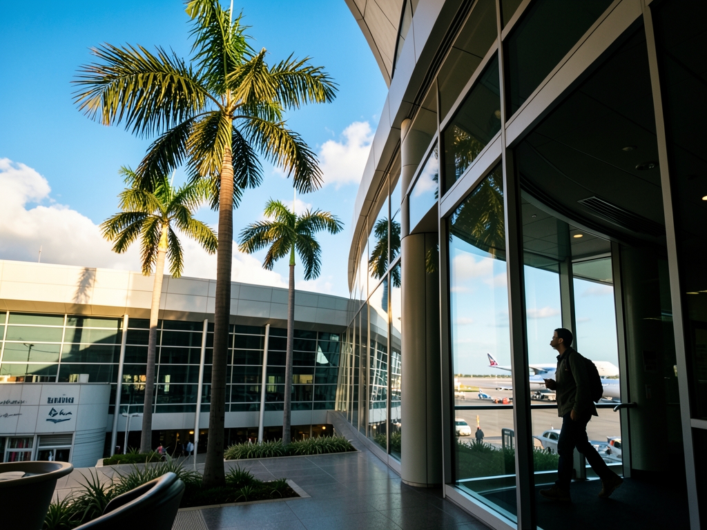 Sun drenched Miami airport exterior with sweeping modernist architecture