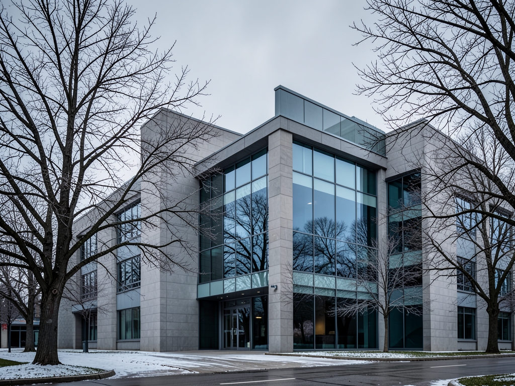 Modern stone glass courthouse exterior framed bare winter