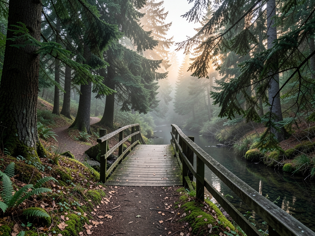 Misty Oregon evergreen forest trail with wooden bridge