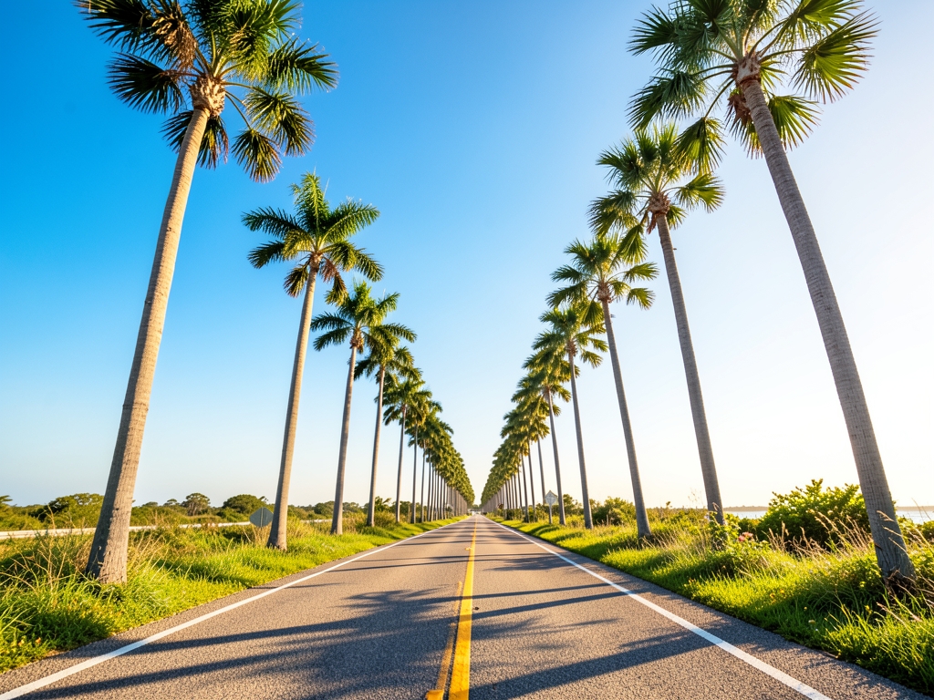 Sun drenched coastal highway with palm trees swaying under