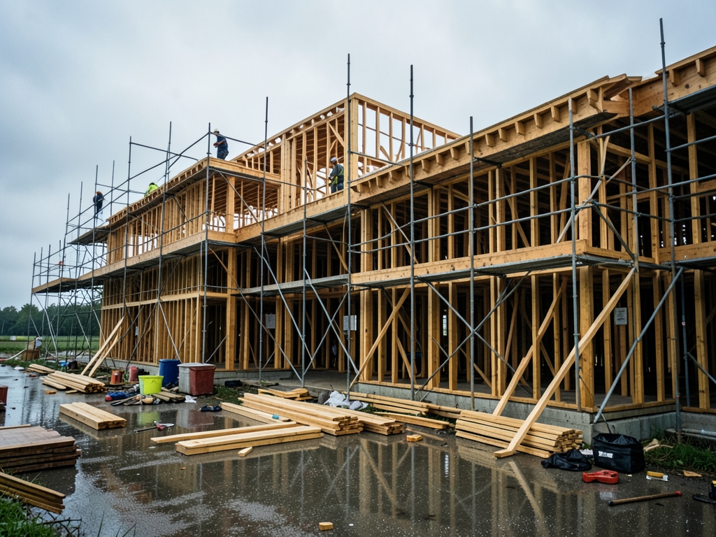 Scaffolding open wood framing residential building site under