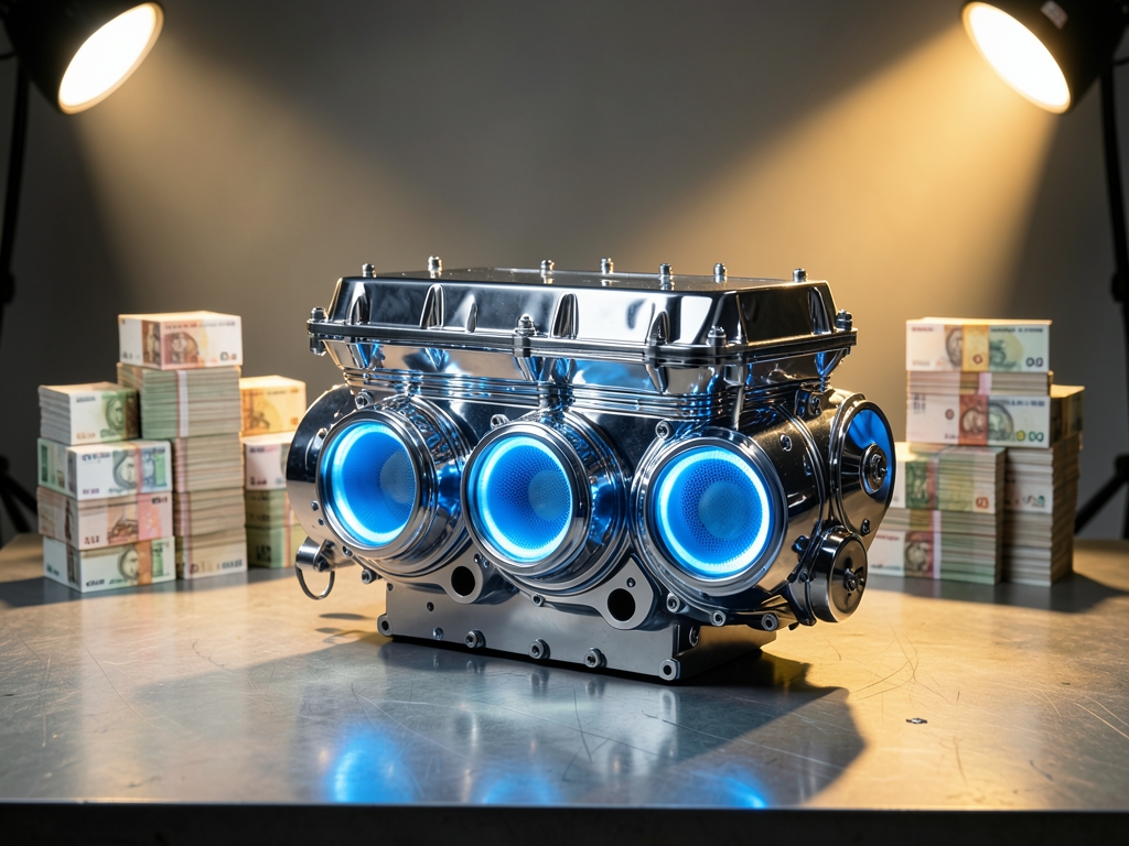 Sleek metallic engine block with glowing blue intake