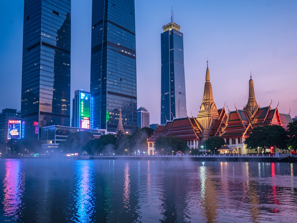 Tropical Bangkok skyline twilight featuring modern glass skyscrapers