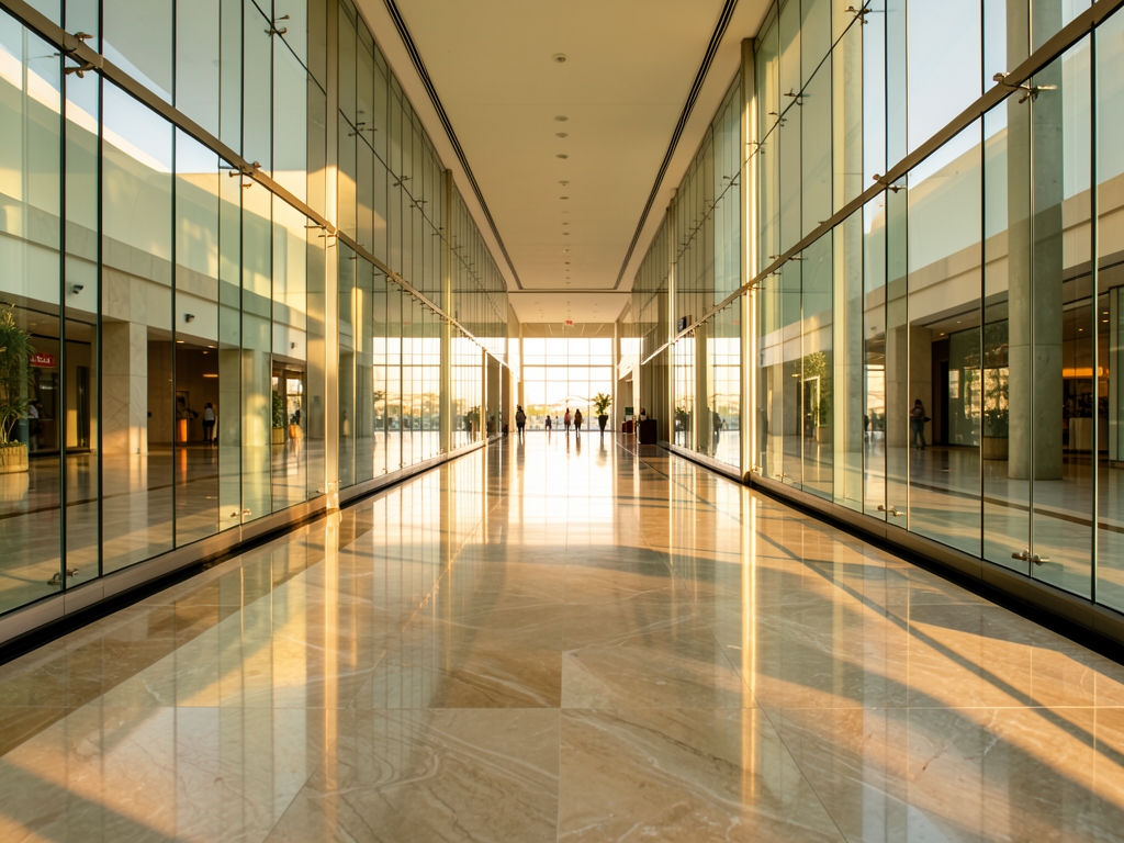wide glass walled corridor flooded with warm morning light