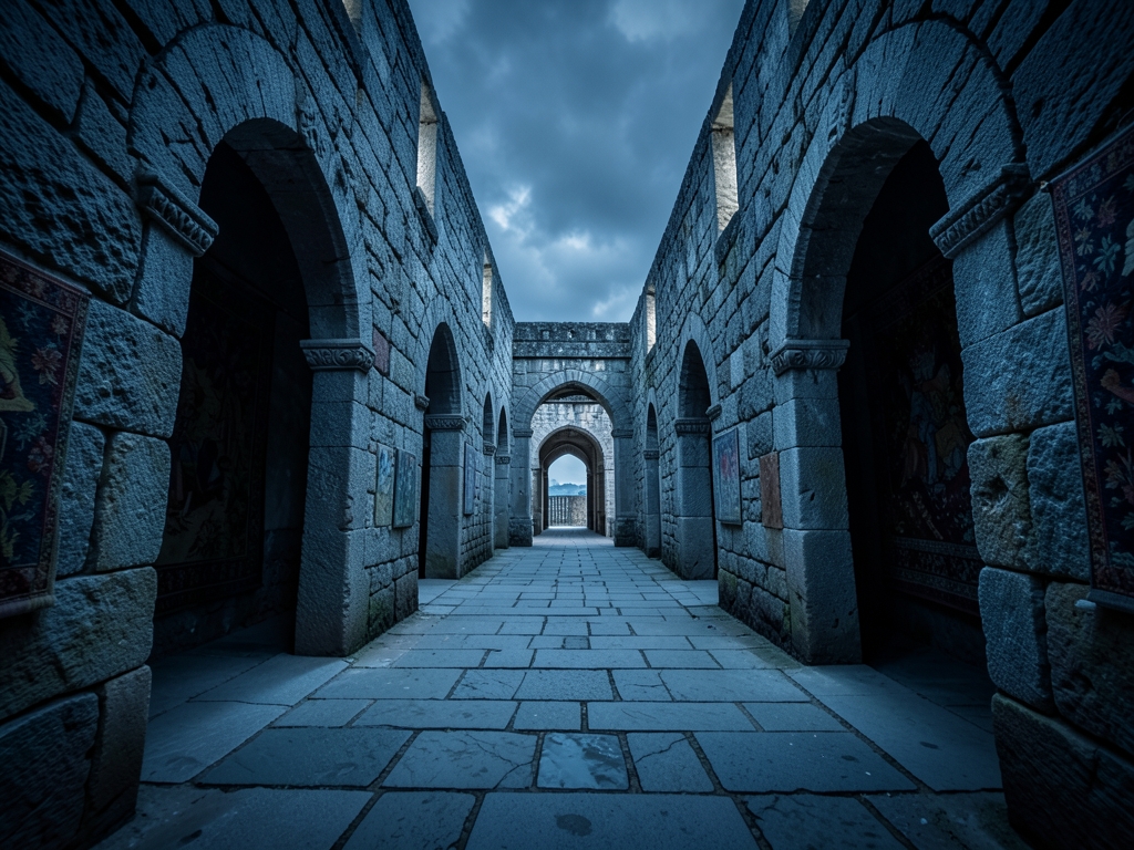 narrow stone hallway under overcast skies single file archways