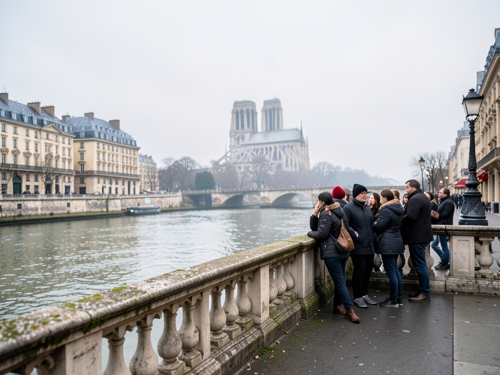 Soft overcast light reflects Seine river group poses