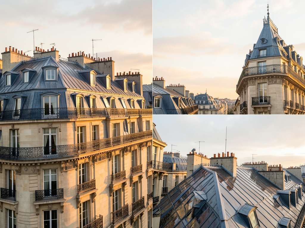 Parisian Haussmann rooftops soft golden dusk with limestone