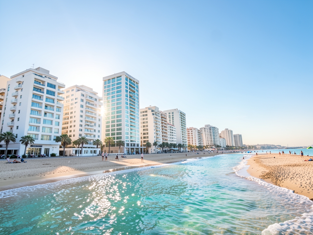 Aviv Mediterranean shoreline bright morning with white modern