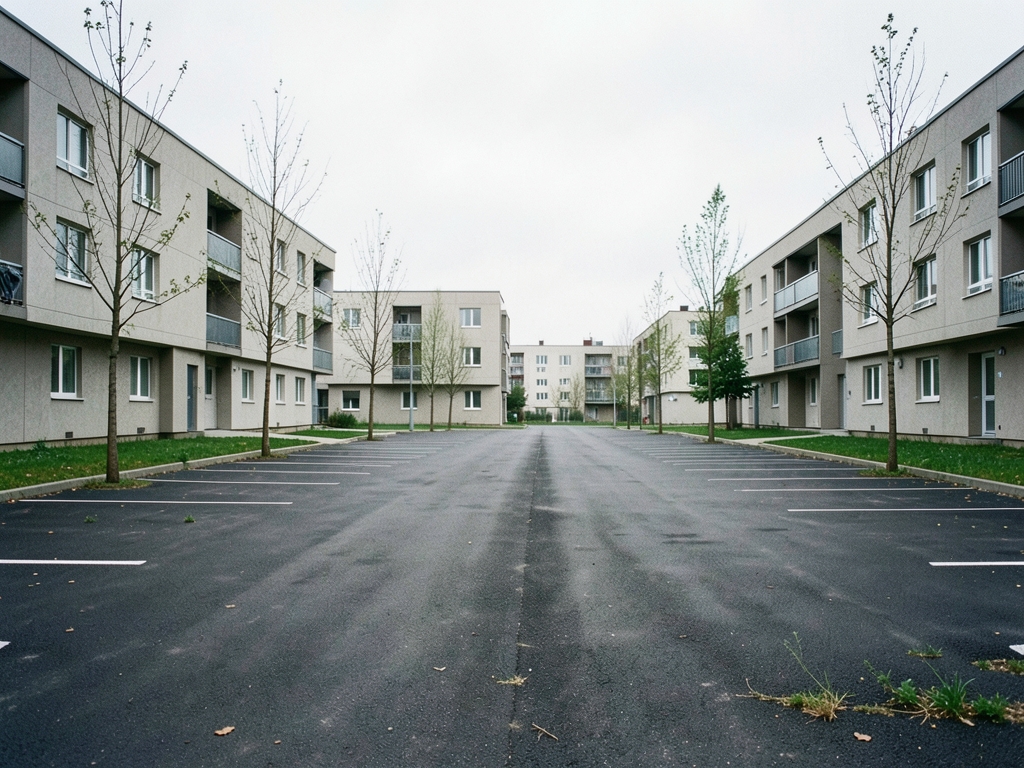 Suburban apartment complex with expansive asphalt parking lots