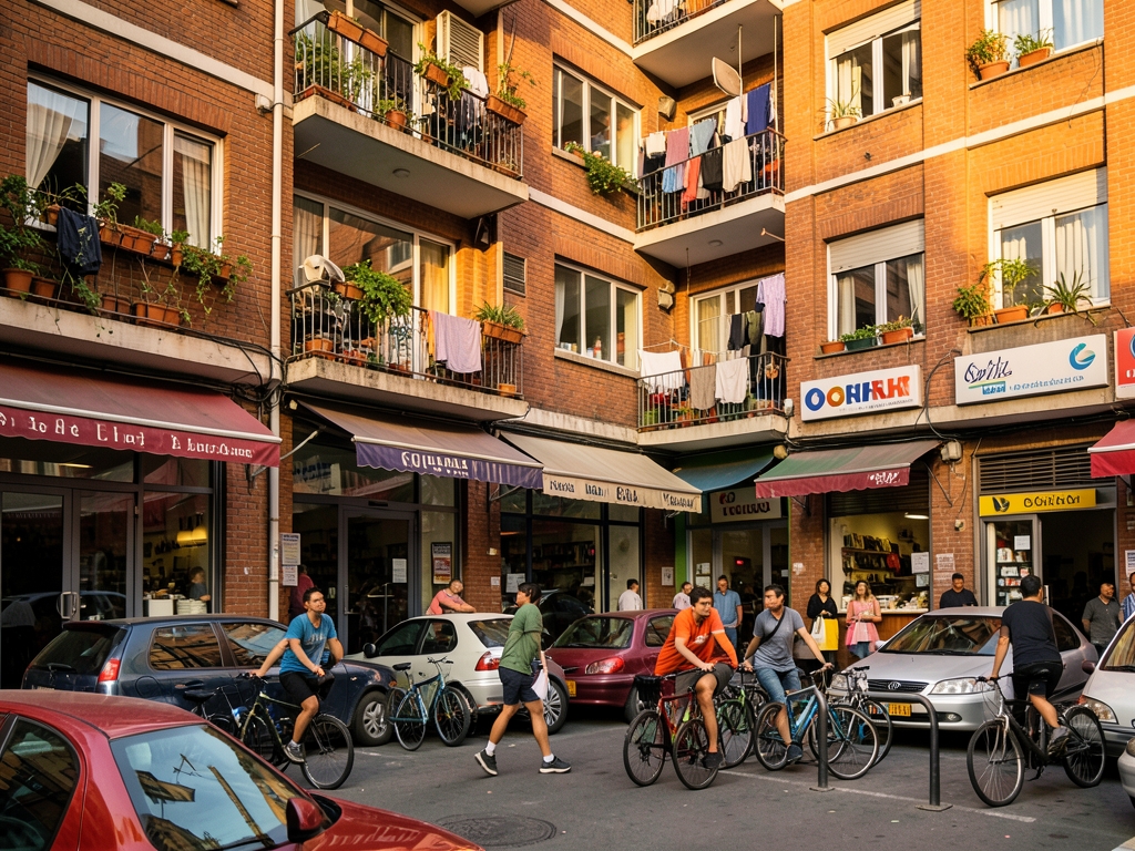 Dense mixed use street with small shared parking courtyard