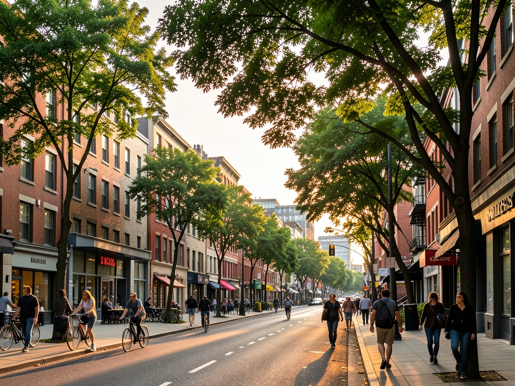 Wide angle view dense mixed use neighborhood golden hour showcasing