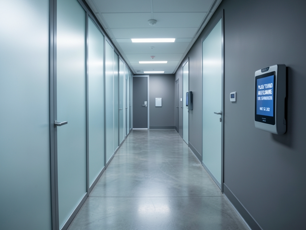 Biometric evaluation corridor with frosted glass partitions matte