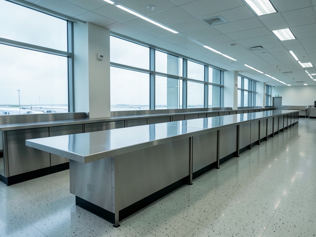 Airport inspection hall with stainless steel counters cool