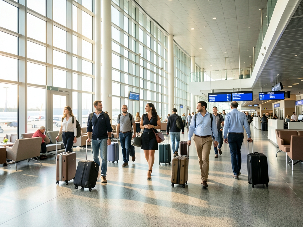 Bright modern airport terminal with tall glass walls