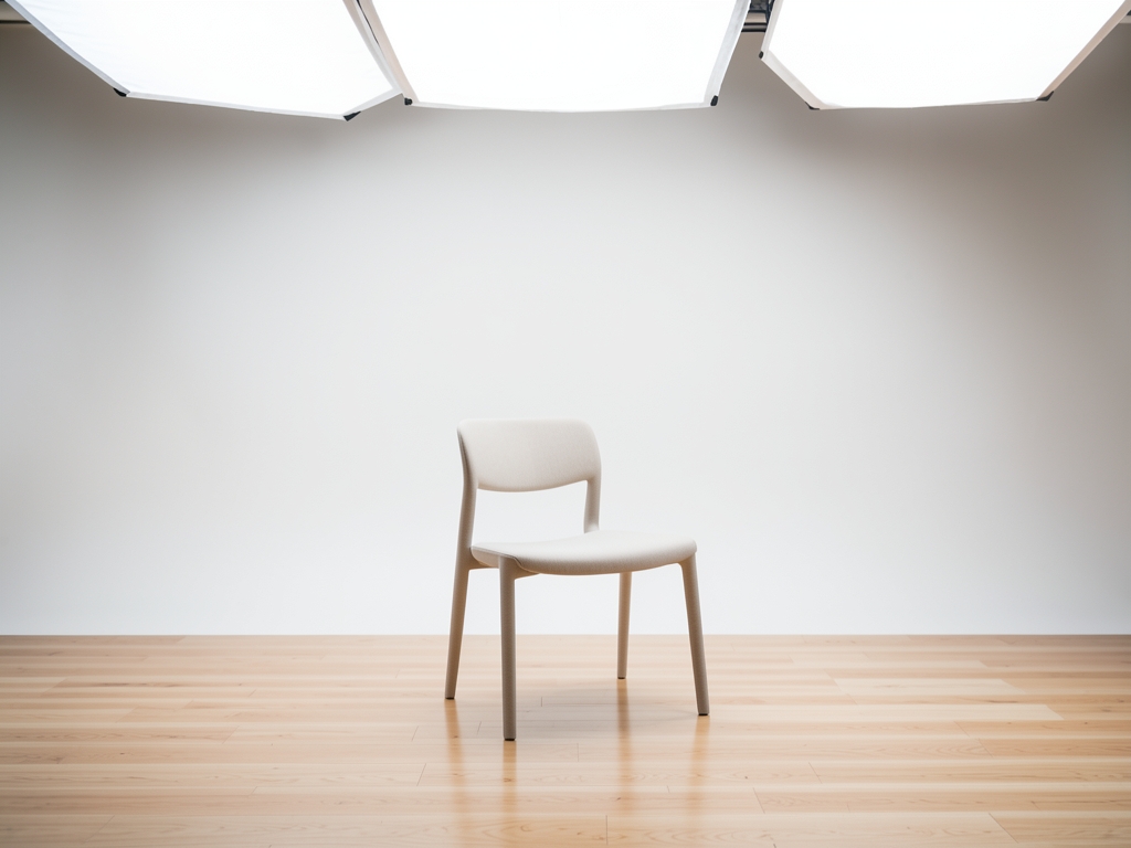Minimalist indoor photo studio with plain light backdrop