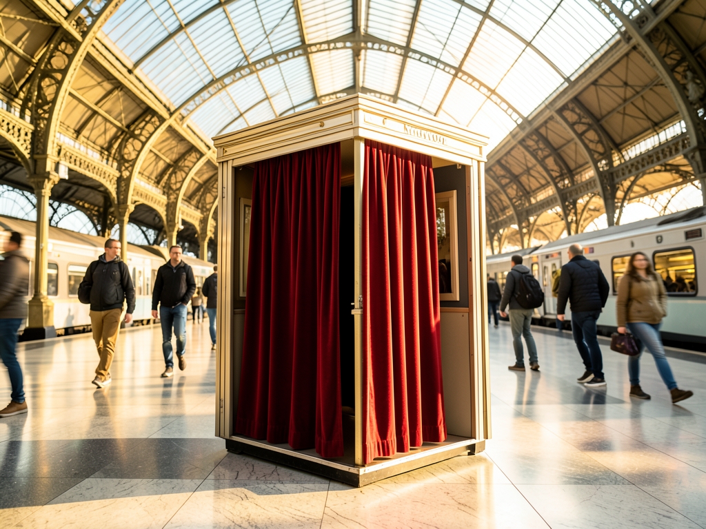 Small curtained photo booth bright railway concourse with