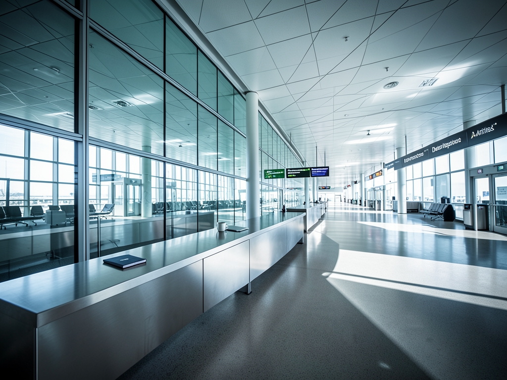 Empty modern airport border hall with glass partitions