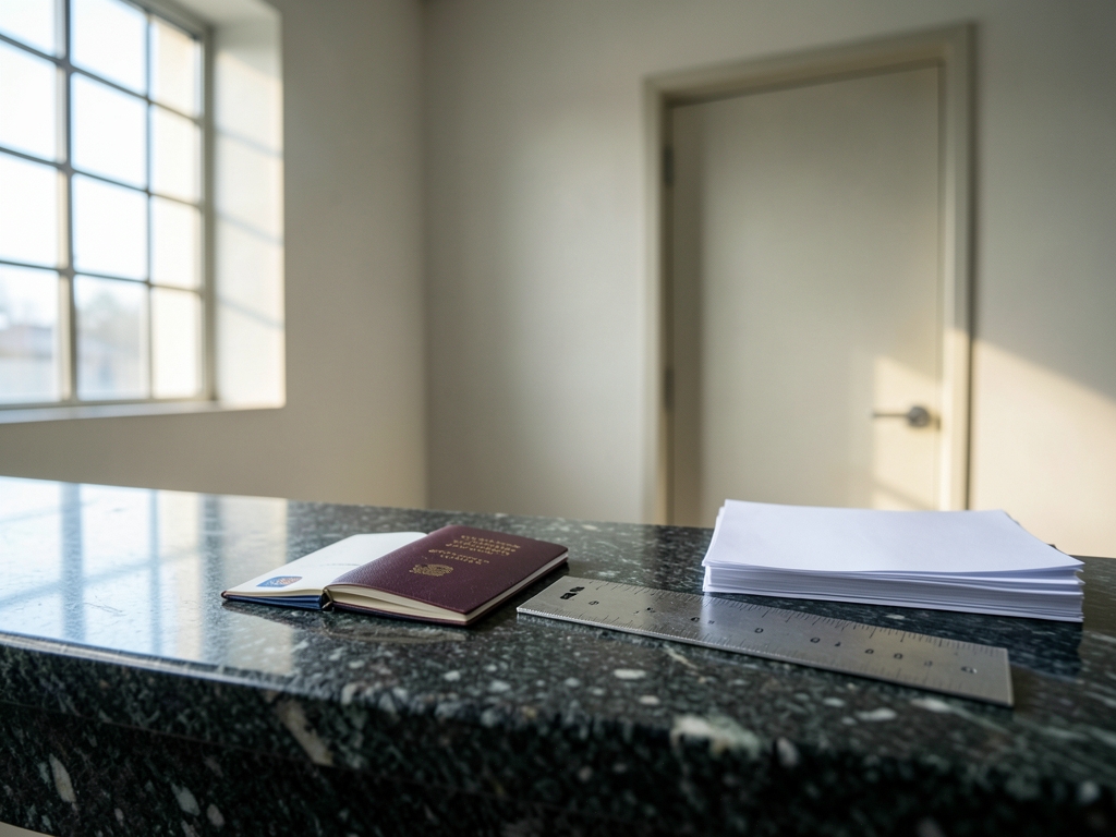 Sunlight streams through minimalist immigration checkpoint window onto