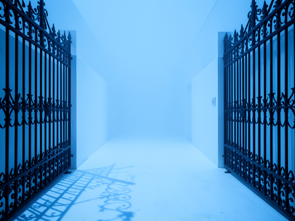 stark minimalist white corridor stretching into infinity with